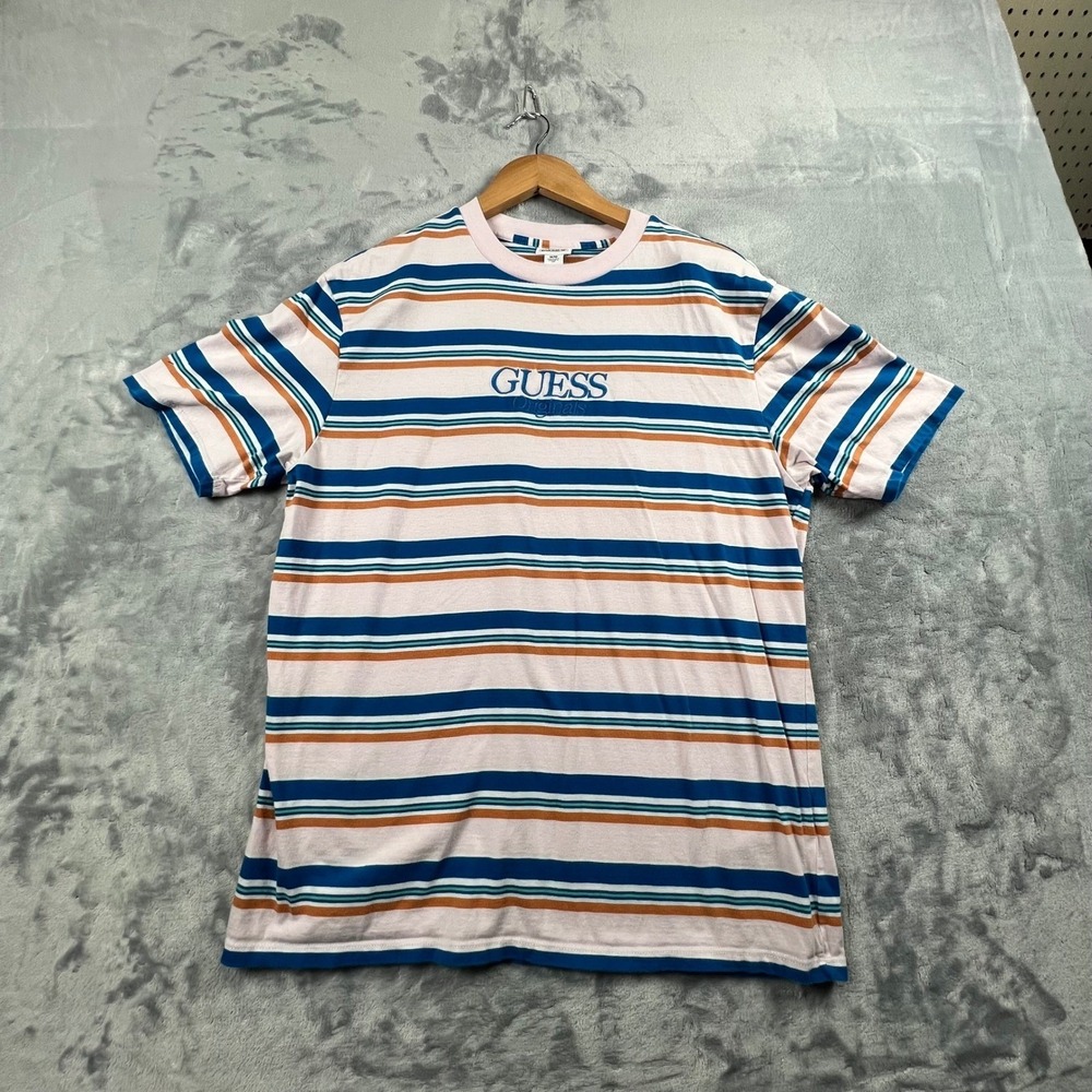 Guess Originals T-Shirt Mens Medium Pink Blue Striped Embroidered Logo YTK - Picture 2 of 8
